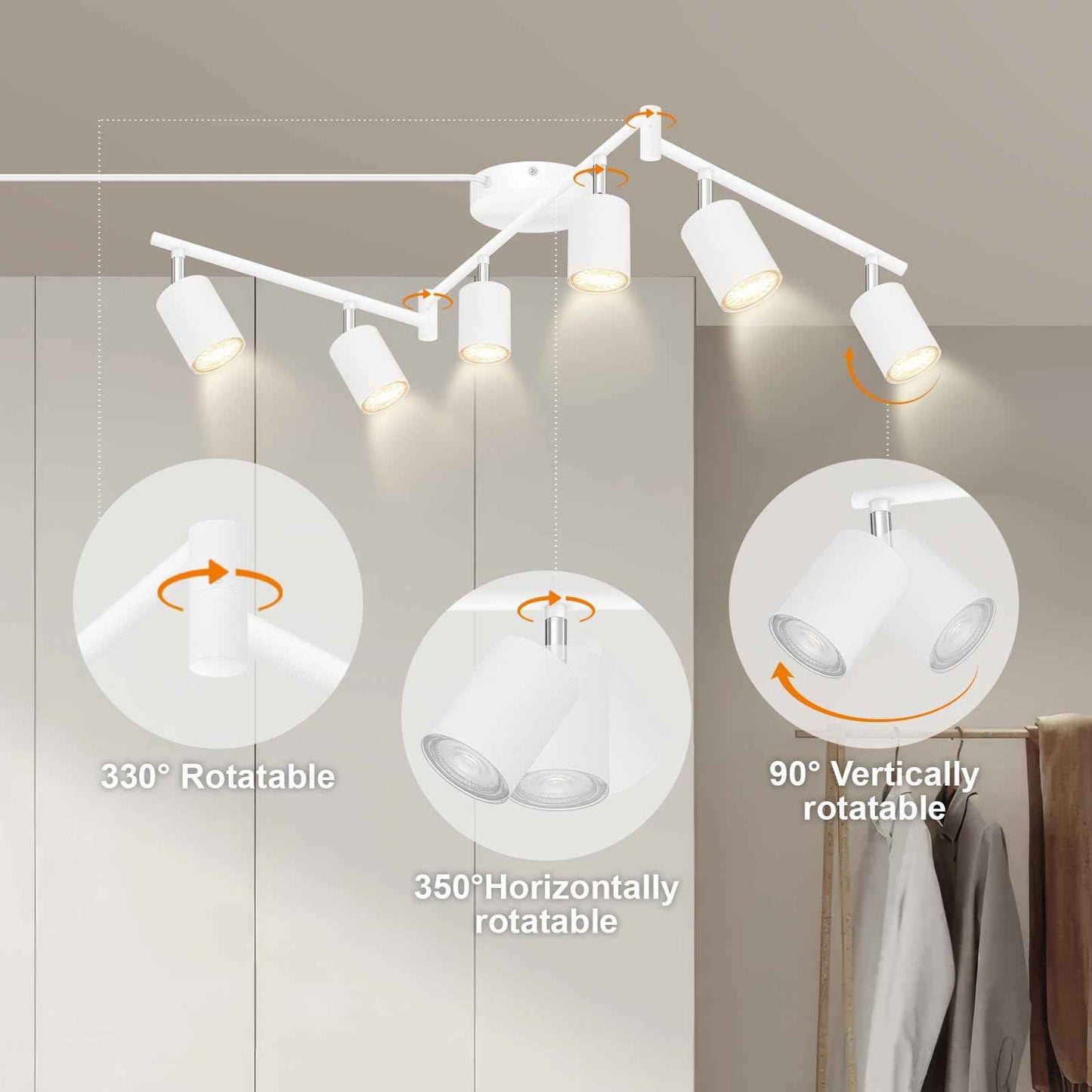 Track Lighting Plug in, LED Track Lighting Fixtures Ceiling Kit, White 6-Light Ceiling Light Plug-in, Wall Light with 14.8ft Power Cord, Rotatable Kitchen Spotlight for Bedroom(GU10 Socket, NO Bulb)