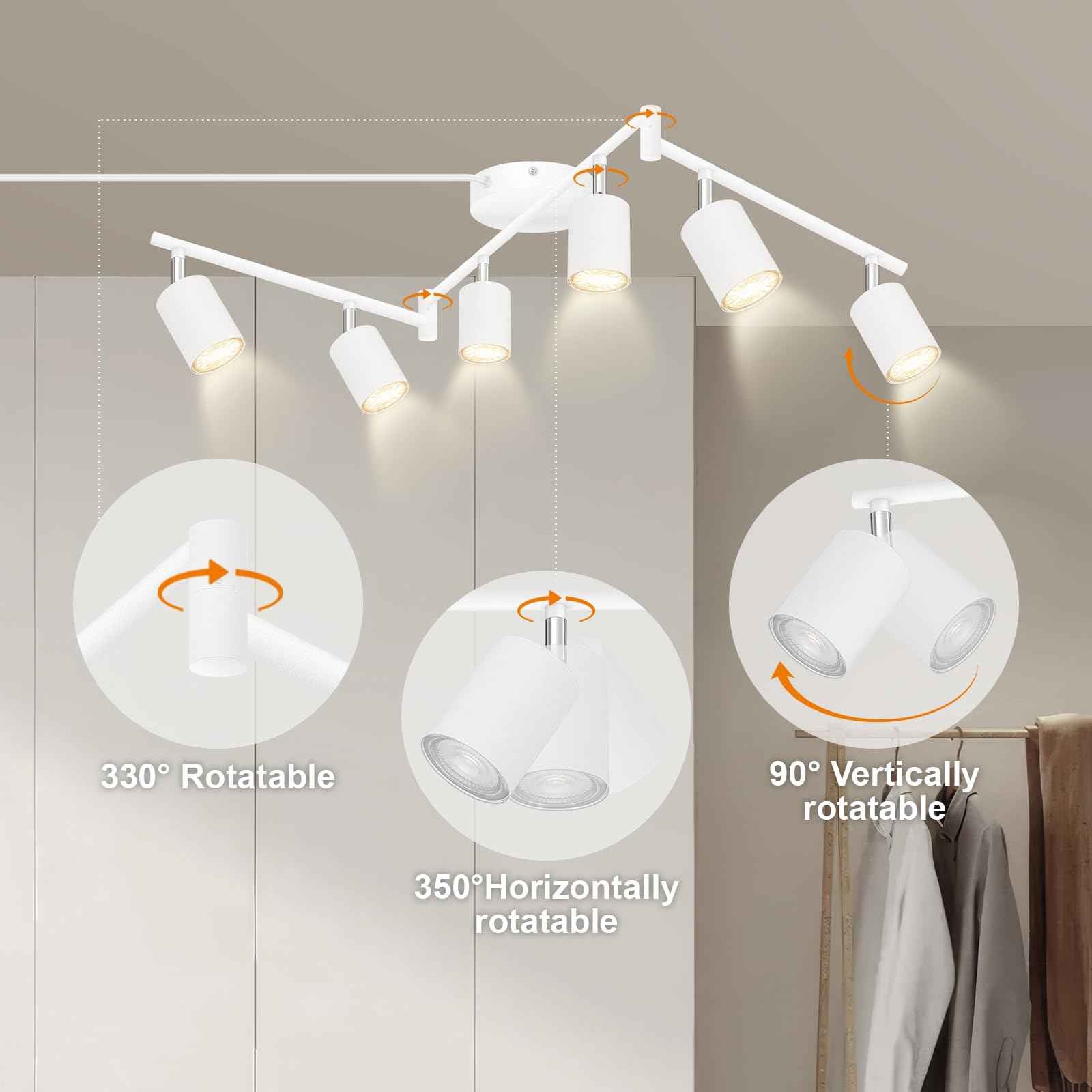 Track Lighting Plug in, LED Track Lighting Fixtures Ceiling Kit, White 6-Light Ceiling Light Plug-in, Wall Light with 14.8ft Power Cord, Rotatable Kitchen Spotlight for Bedroom(GU10 Socket, NO Bulb)