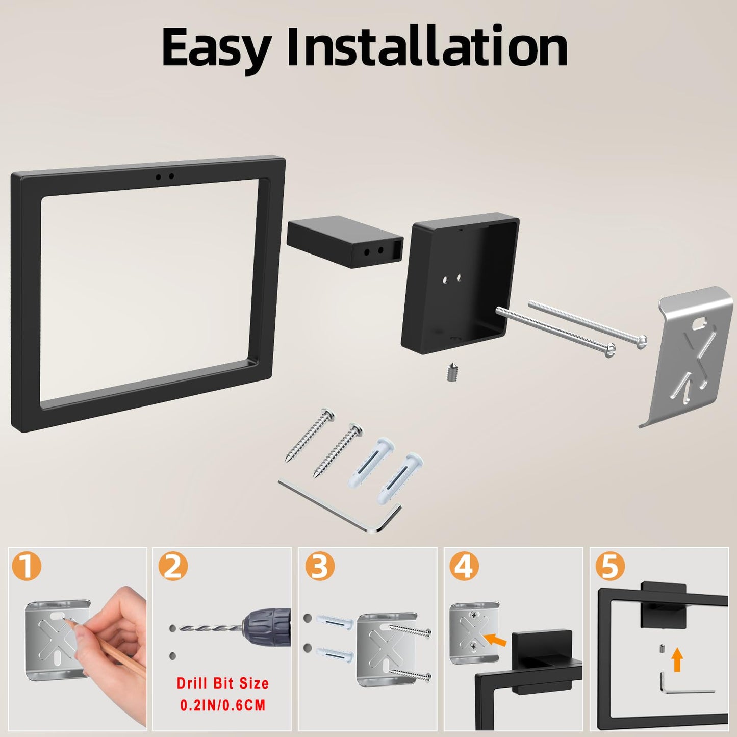 Matte Black Square Towel Ring, SUS304 Stainless Steel Hand Towel Holder for Bathroom Kitchen, Modern Style Towel Hanger, Thicken Ring Towel Holder, Towel Rack Square Wall Mounted