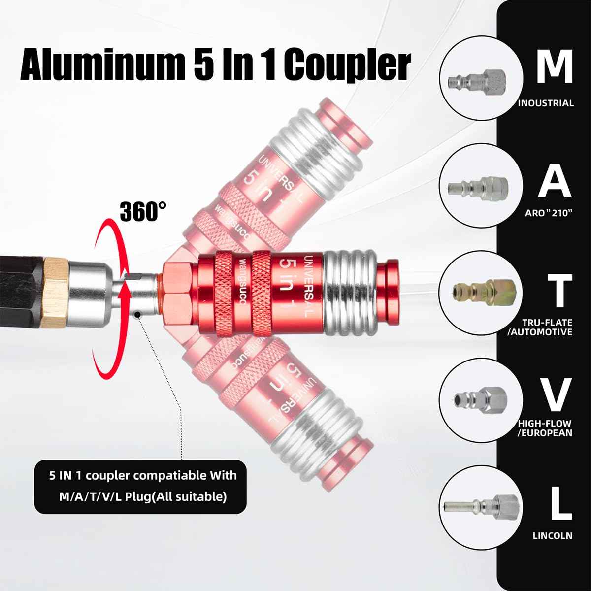 Wangsucc 1/4 In × 25 ft Heavy Duty Polyurethane Recoil Air Hose, Bend Restrictors Compressor Hose with 5 IN 1 Universal Coupler, Lightweight, Coiled PU Air Hose 1/4'', (Gery)