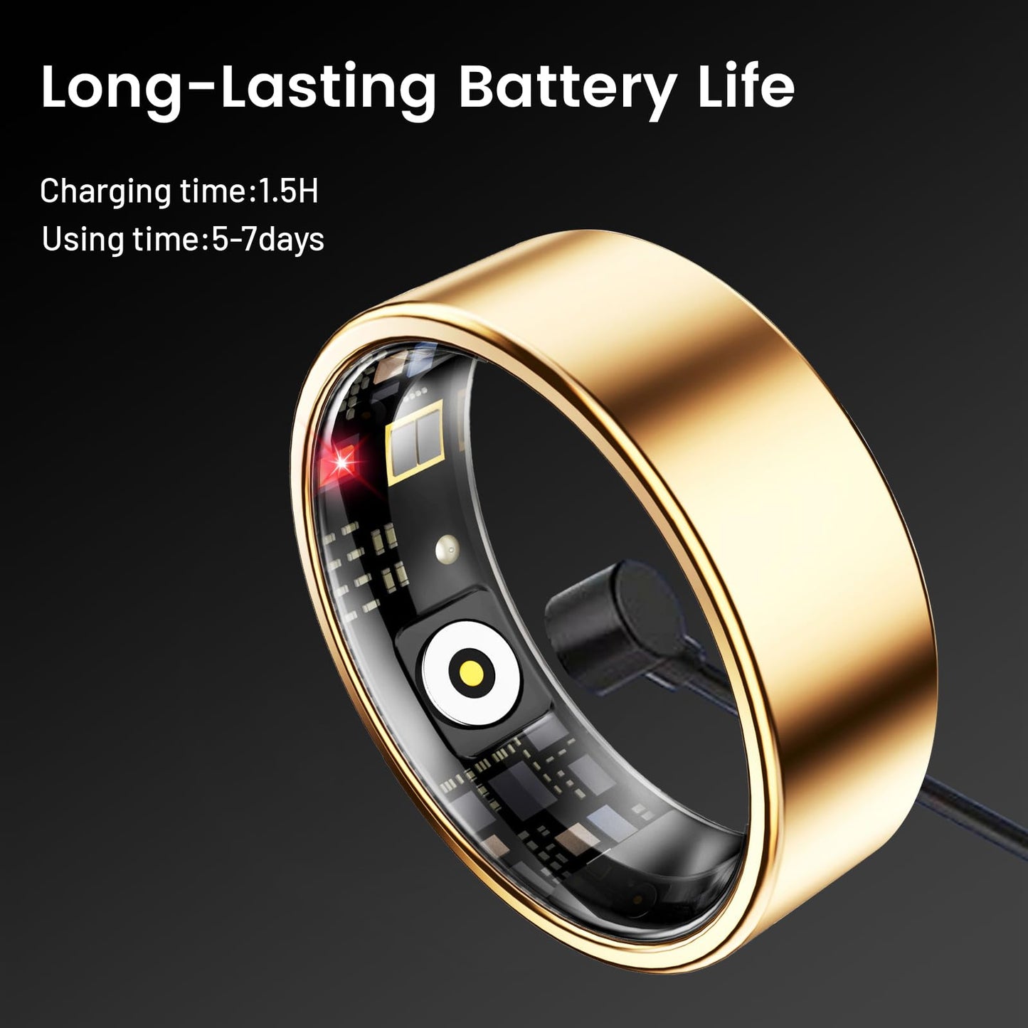 Mirlray Smart Ring for Women & Men, Smart Ring Health Tracker, Blood Oxygen & Heart Rate Monitor, Long Lasting Battery Sleep Ring, Waterproof Fitness Ring (Gold, 7)