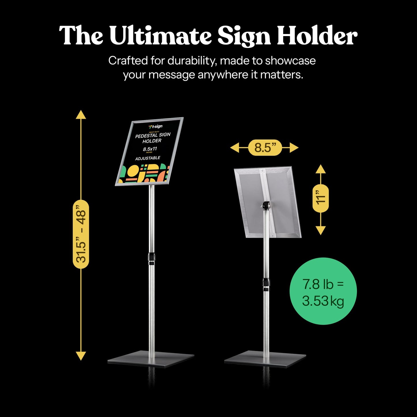 Adjustable Heavy Duty Pedestal Sign Holder Poster Stand - 8.5x11 Inch Vertical & Horizontal Sign Stand Displayed Poster Holder, Square Base Sign Stands for Display, Advertisement & Outdoor Sign Holder