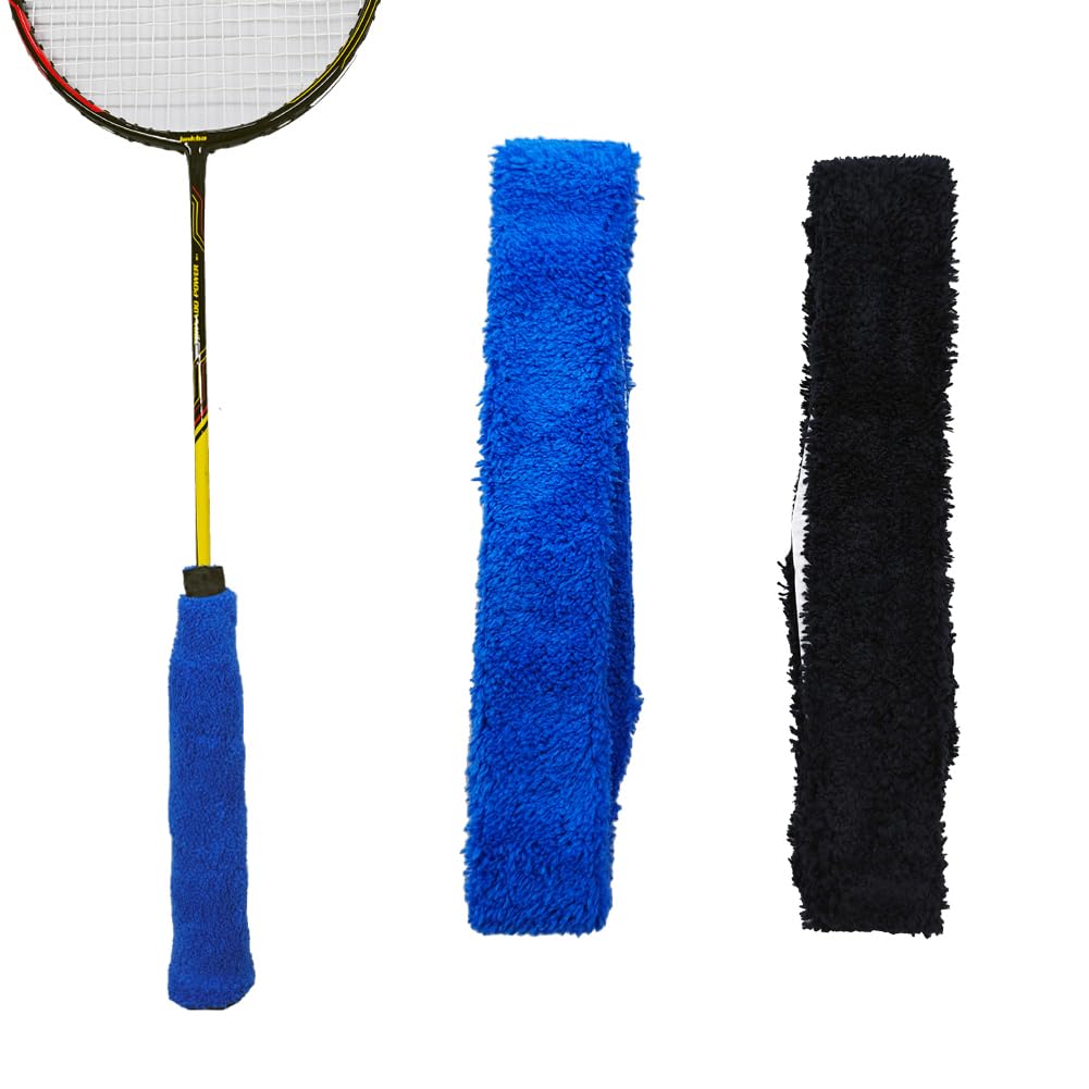 Towel Grip Badminton Racket Grips Cotton Anti Slip Absorbent Sweatband Tape with Adhesive Backing for Badminton,Pickleball,Paddle Racket Assorted Colours (2) One Black & One Blue