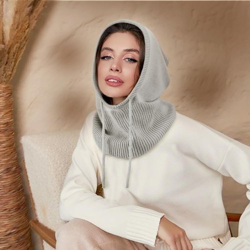 DRESHOW Winter Hats for Women Warm Hooded Scarf Hat Skull Cap Balaclava Knit Beanie Hat with Adjustable Drawstring
