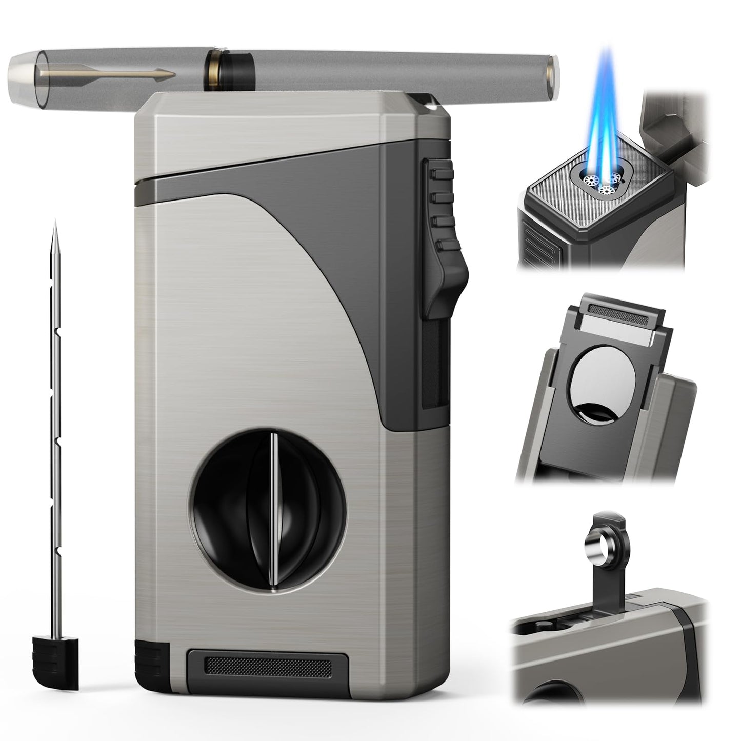 6-in-1 Torch Lighter, with Windproof Triple Jet Flame, V & Straight Cutter, Punch, Holder, Draw Enhancer Tool, Refillable Butane Lighter with Gift Box for Men, Multifunctional Accessories for Travel