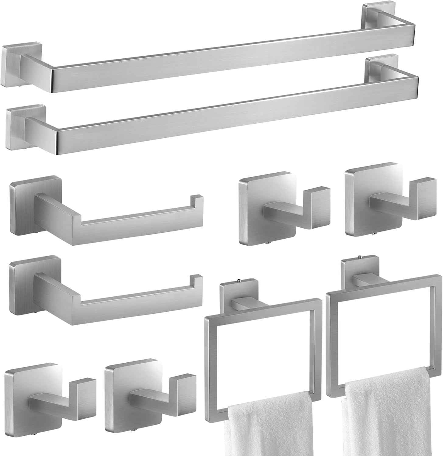 Brushed Nickel Bathroom Hardware Set - 10-Piece Towel Bar, Ring, Hook & Holder Kit