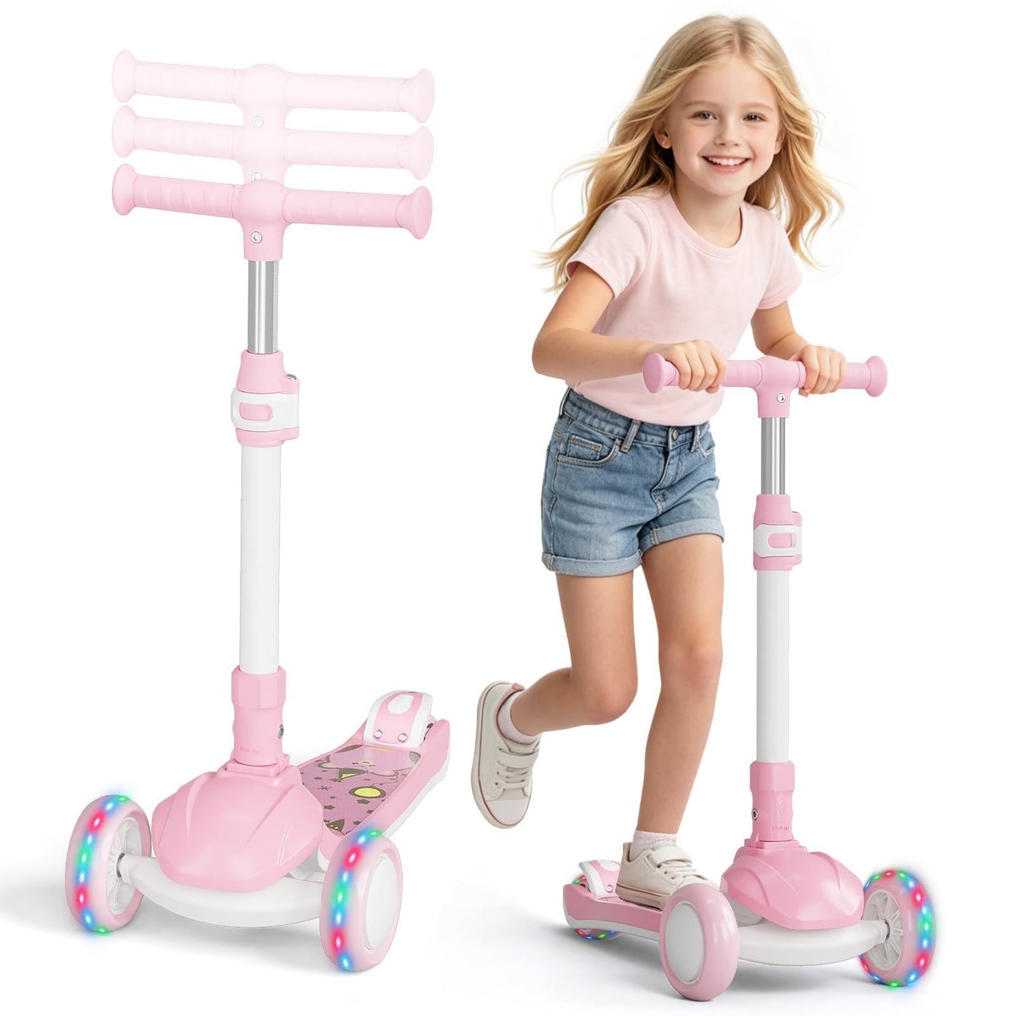3 Wheel Scooter for Kids Ages 3+, Folding Toddler Scooter, Battery Free LED Light Up Wheels, 4 Adjustable Heights, Lean to Steer, Smooth Gliding Outdoor Ride, for Boys Girls