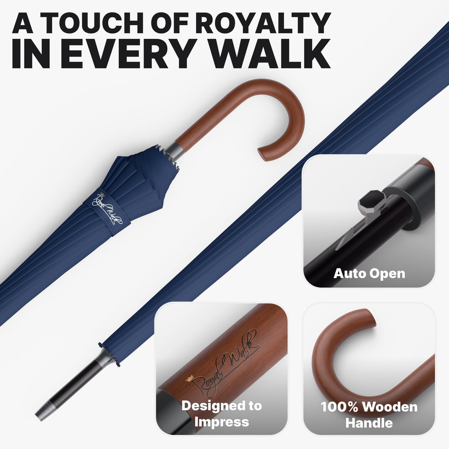Royal Walk Large Windproof Umbrella for 2 - Navy Blue, 54 Inch, Auto Open, Wooden Handle