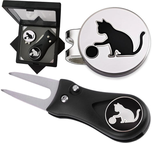 Adhere Golf Ball Markers Personlized Double Side Cute cat Logo Enamel with A Magnetic Hat Clips,A Premium Golf Gifts. (A-Ball Markers & Divot Tool Gift Set)