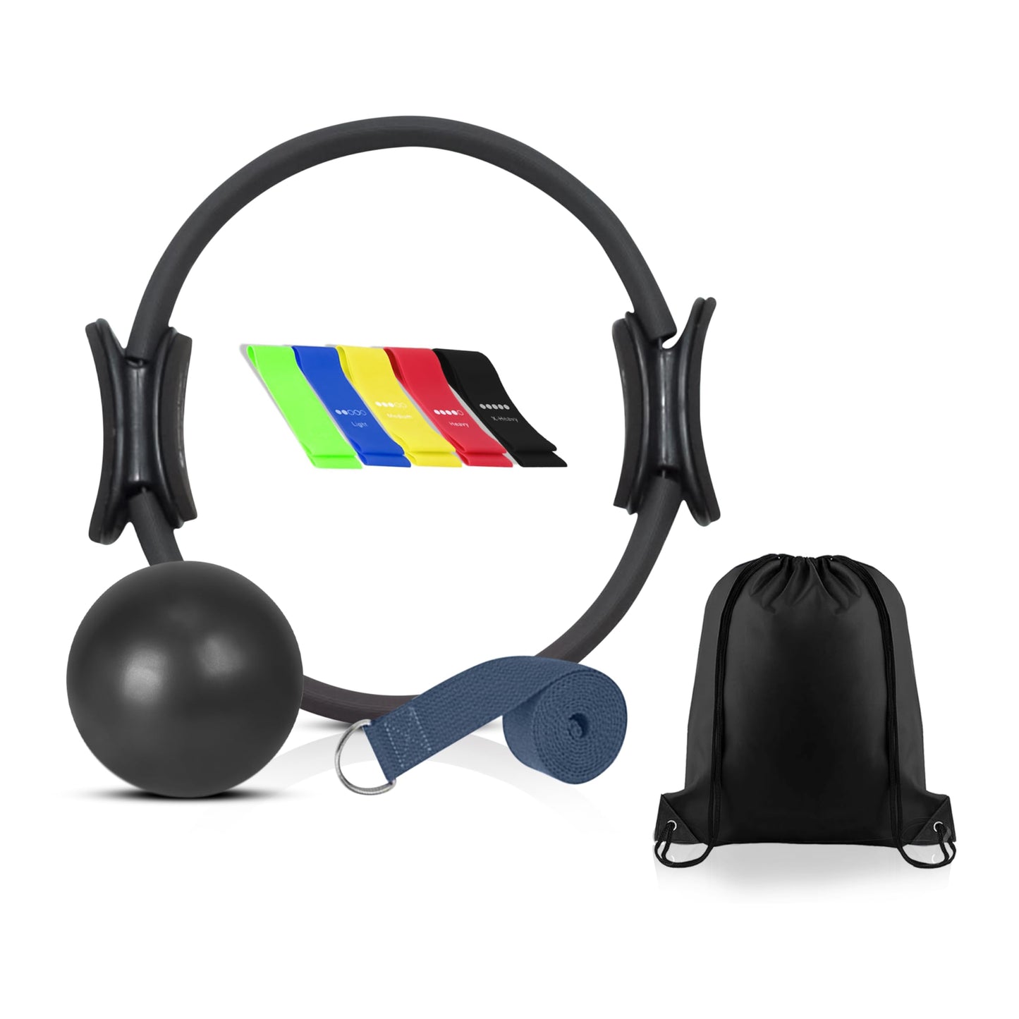 Pilates Ring Set with Bands & Mini Yoga Exercise Ball – 14″ Magic Circle with Padded Handles, 5 Resistance Bands & Stretch Strap – Home Workout Equipment for Full-Body Sculpting & Core Strength