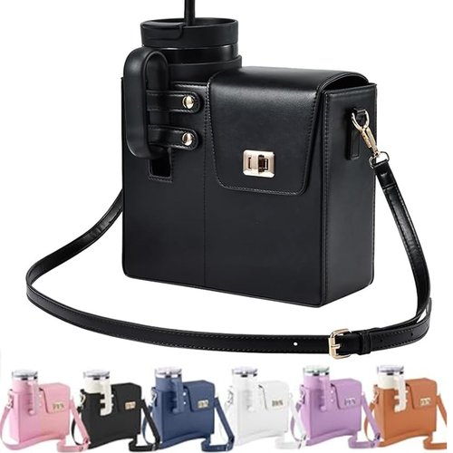 YFYIC Outdoor Portable Crossbody Water Cup Storage Bag, Leather Water Bottle Holder with Adjustable Shoulder Strap, Black Water Bottle Carrier Bag with Storage Pocket for Women (Black)