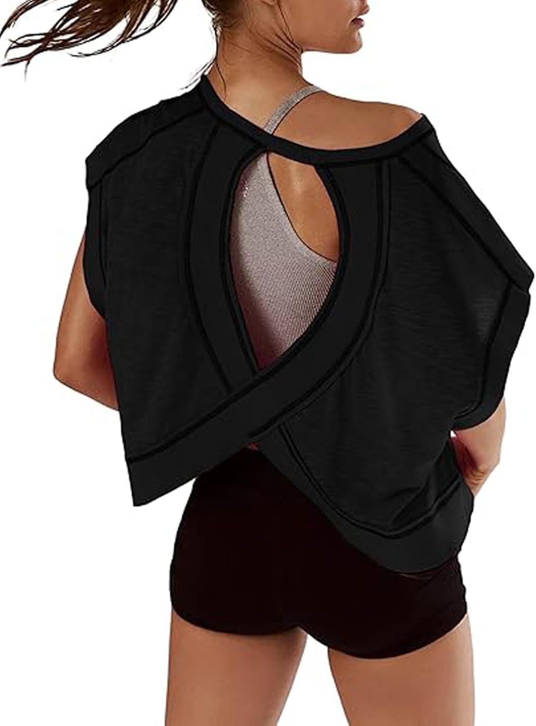 VIEWON Women's Workout Top - Open Back Short Sleeve Yoga Tee | Y2K Crop Design in Various Colors