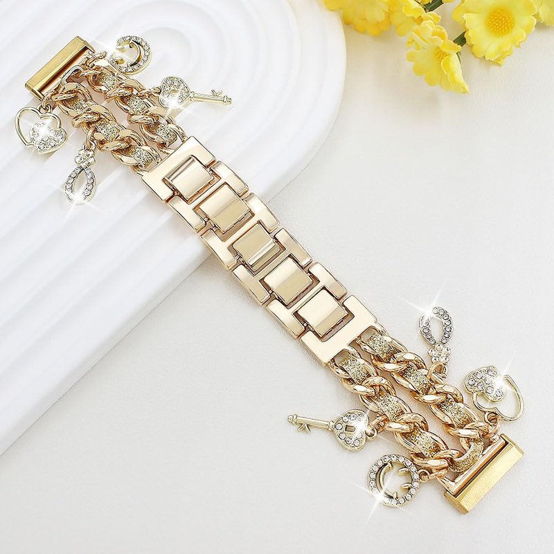 REALSIGN Metal Bands Compatible with Fitbit Versa 4/Versa 3/Sense 2/Sense Band Women,Stylish Cuban Chain Bracelet with Cute Unique Pendants Love Cross Charms Strap (Bling Gold)