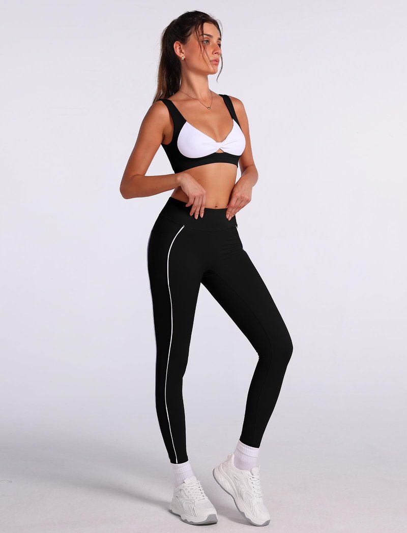 ABOCIW Workout Sets for Women 2 Piece Contrast Trims Twist Front Sports Bra High Waist Leggings with Pockets Gym Sets Activewear Yoga Pilates Outfits Black X-Large