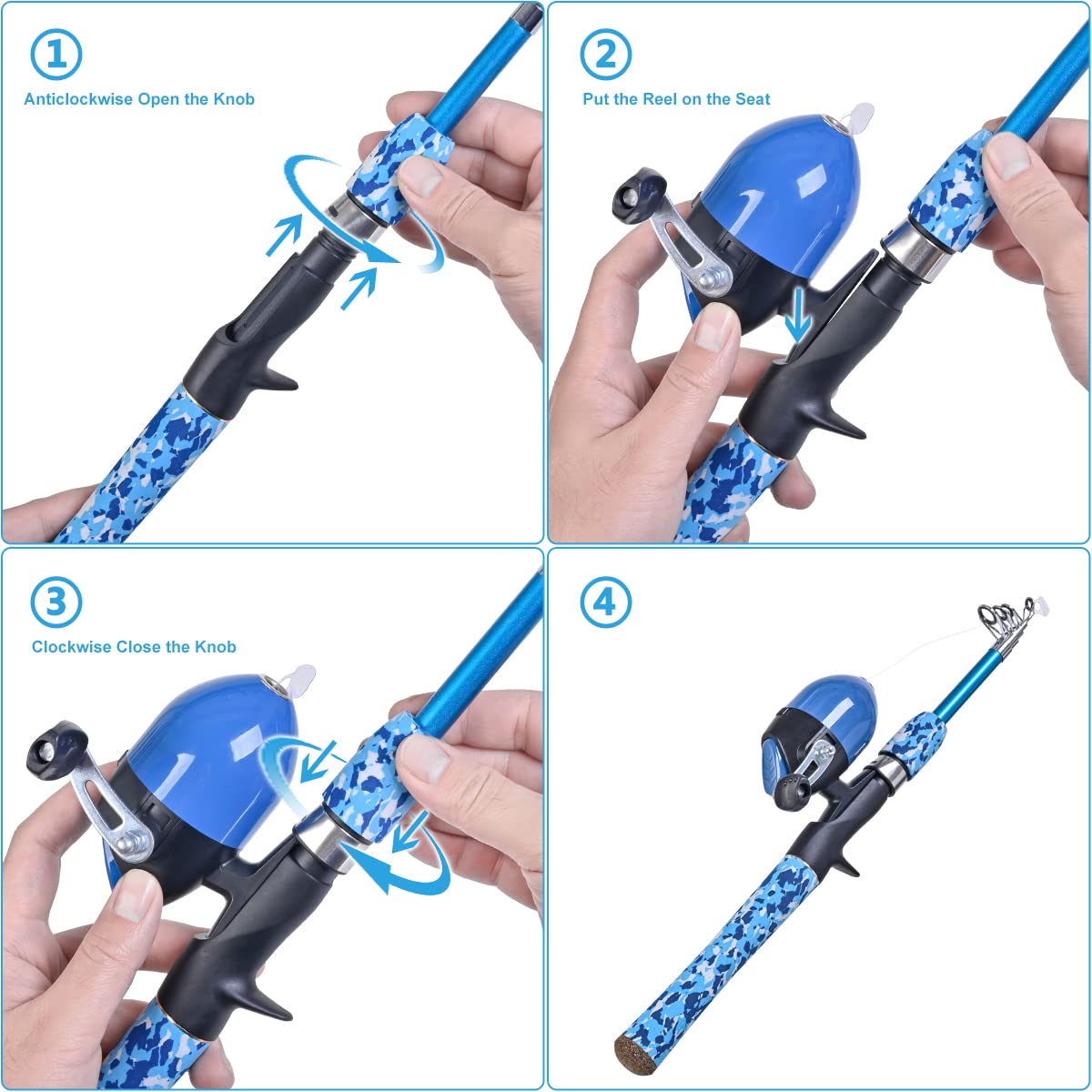 LEOFISHING Kids Fishing Pole Set with Full Starter Kits Portable Telescopic Fishing Rod and Spincast Reel with a Fishing Net and Bucket for Boys Girls and Youth (Blue)