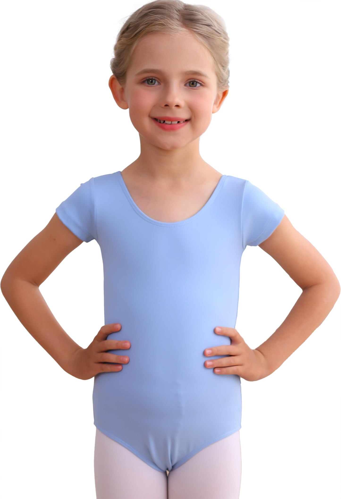 Mecceos Ballet Leotards Basic Short Sleeve for Toddler Girls Dance Gymnastics Outfits (Blue, 6-8 Years, MEAM-278)