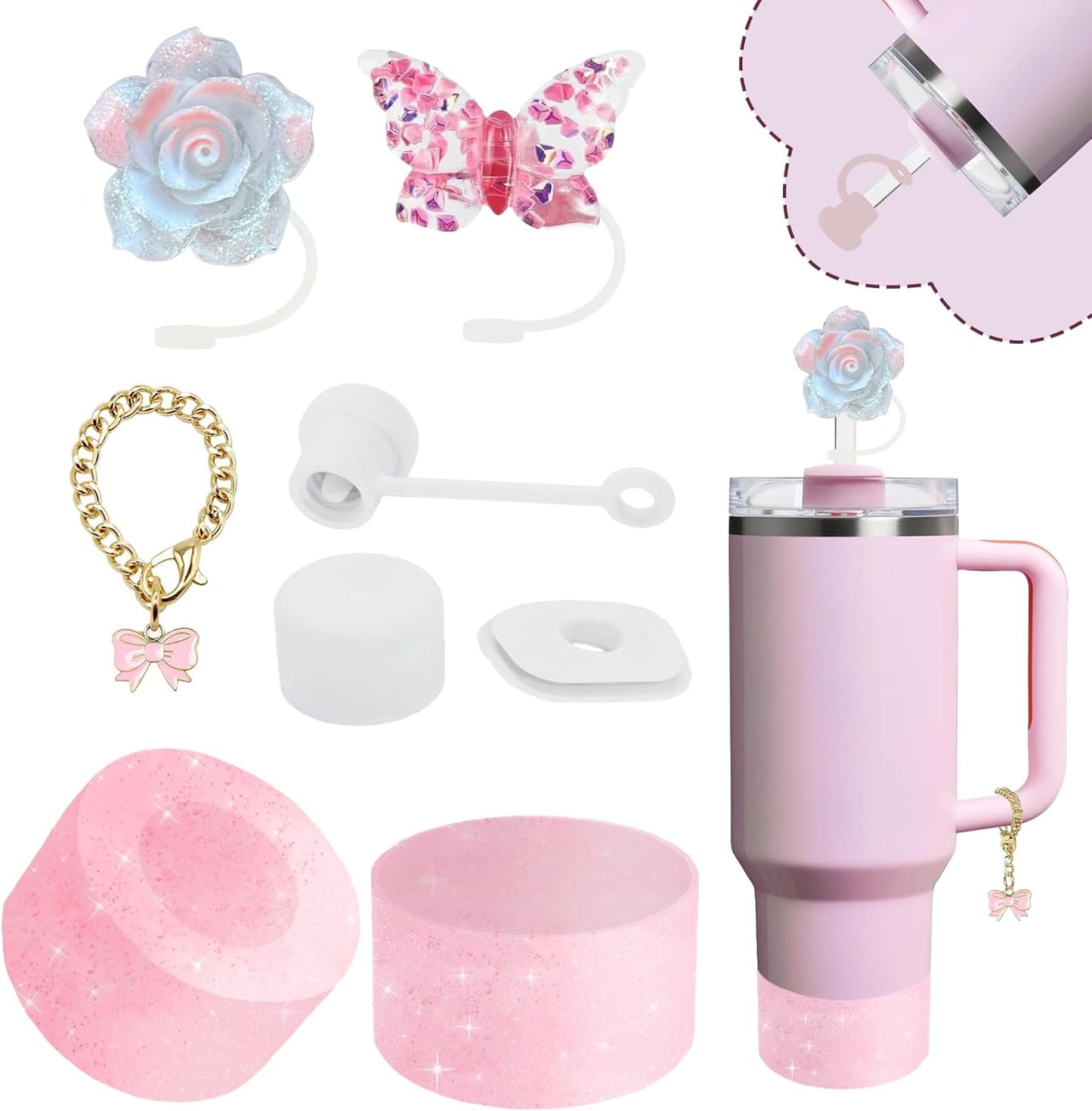 Stanley Cup Accessories Set - 2 Straw Covers, Silicone Stopper & Cute Charm | Fits 40 & 30 Oz Tumblers (Peony 2.0)