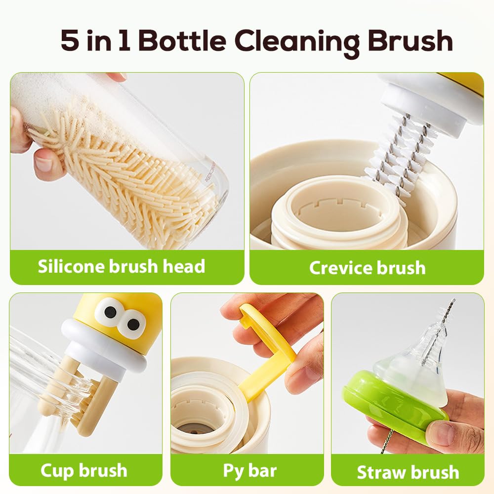 5 in 1 Bottle Cleaning Brush Set,Multifunctional Water Bottle Brush and Straw Cleaner Brush,Cleaning Tool Kit for Cleaning Bottles Set,Kitchen Gadgets (Yellow)