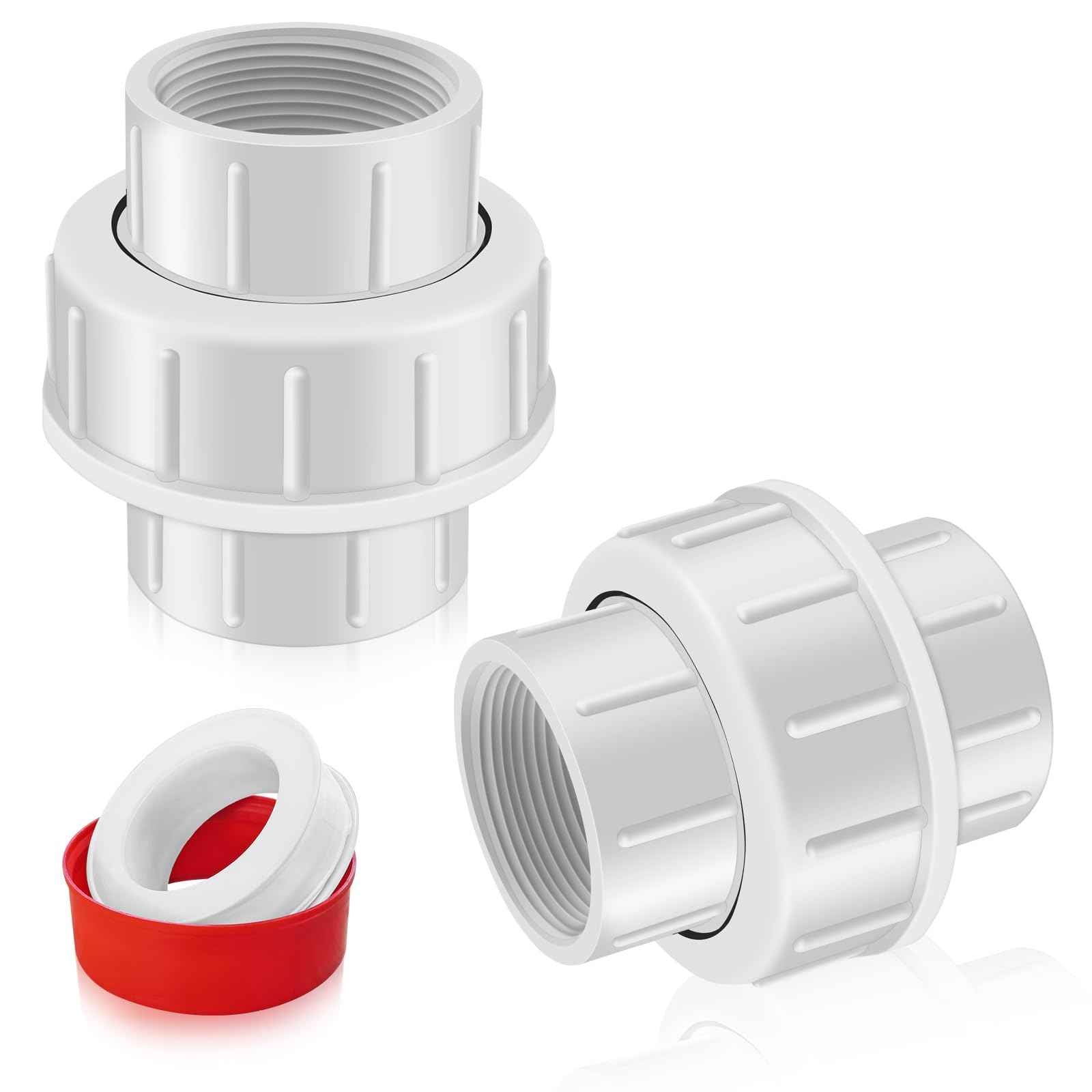 FANOVO 1-1/2 inch NPT Female PVC Pipe Union, 2pcs Schedule 40 White Plastic 1.5'' FIP to FIP Threaded Union Couplings Coupler Joint Connector Fitting, for Pool Sand Filter and Pump Applications