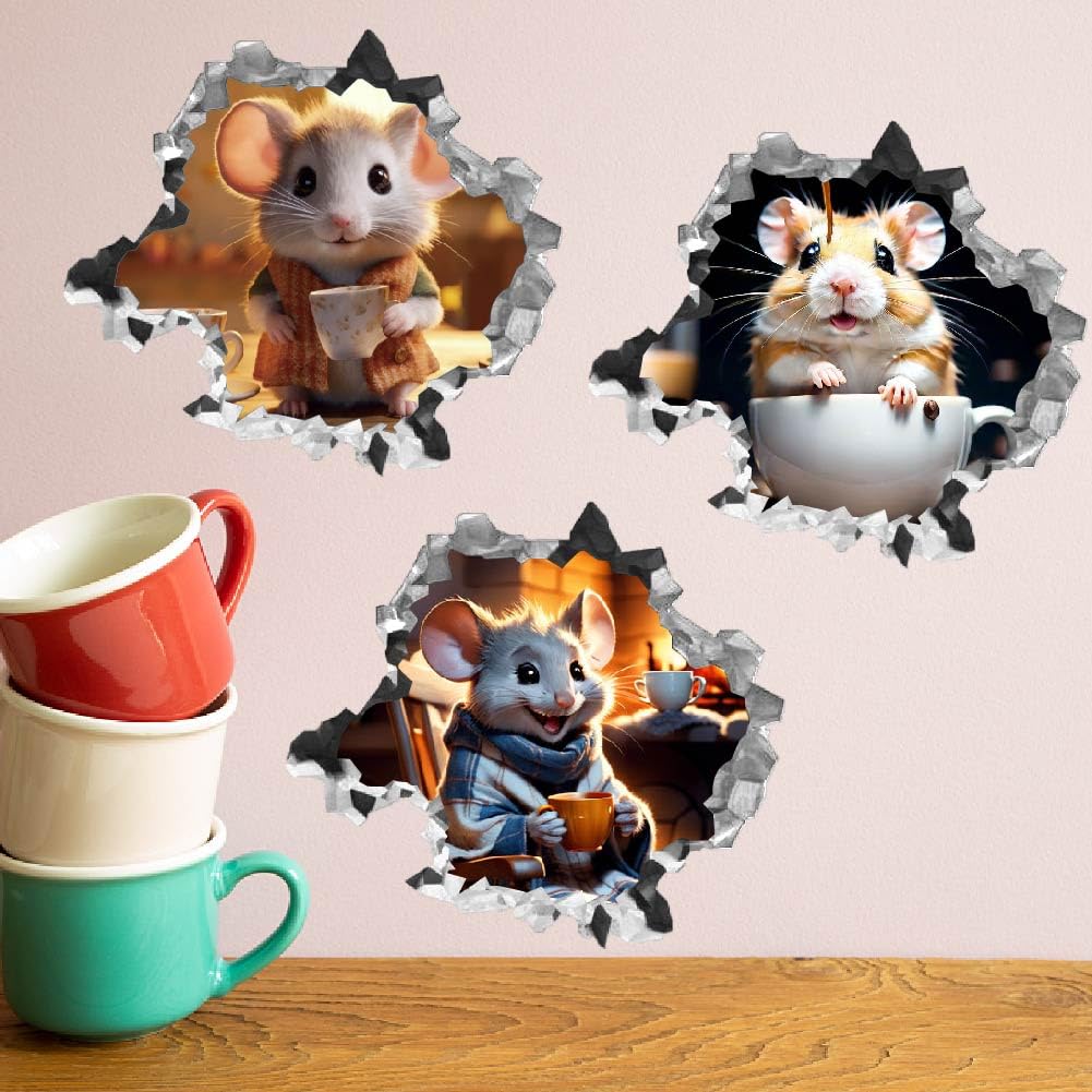 SUPERDANT 3D Mouse Hole Realistic Wall Sticker Mouse Coffee Decal Kids Room Wall Decor Sticker Funny Animal Peel and Stick Stickers Decal for Children Room Kitchen Home Bedroom Classroom