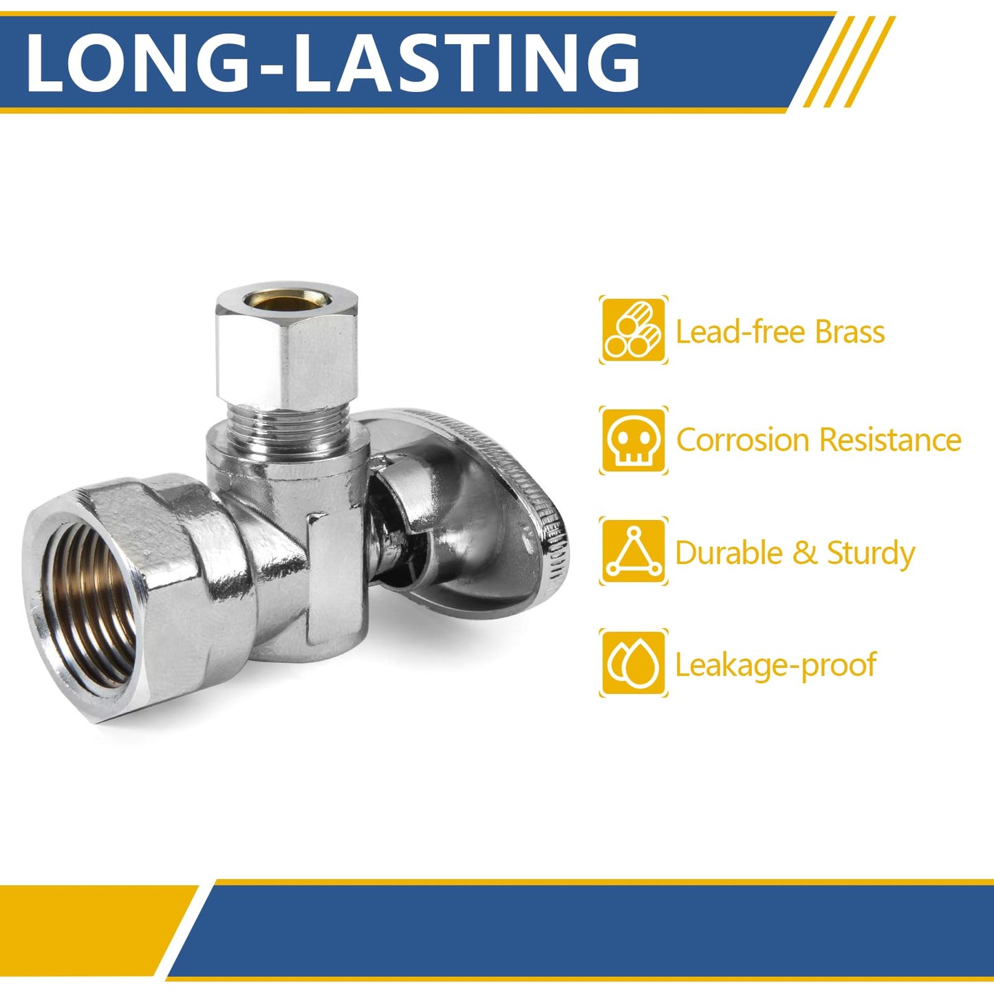 GUOFIS Angle Stop Valve,1/2" FIP Iron Pipe x 3/8" Compression Chrome Angle Shut-off Valve with 1/4 Turn (Pack of 20)(VALVE054-20Pack)