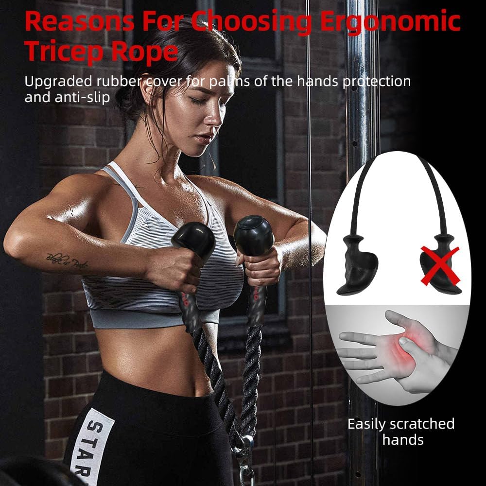 Tricep Rope - 35 Inch Cable Machine Attachment with Upgraded Rubber Handles | Non-Slip Grip for Greater Range of Motion