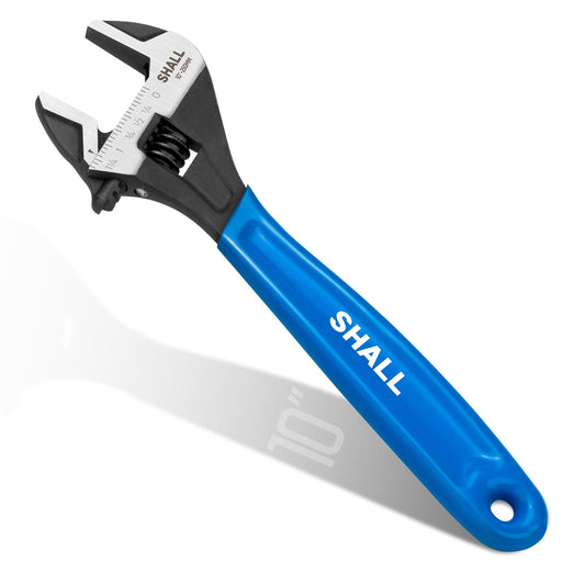 SHALL 10 Inch Adjustable Wrench, Cr-V Steel Spanner with Cushion Grip, Wide Jaw Black Oxide Wrench with Laser-etched SAE Scales for Home, Garage, Workshop and DIY