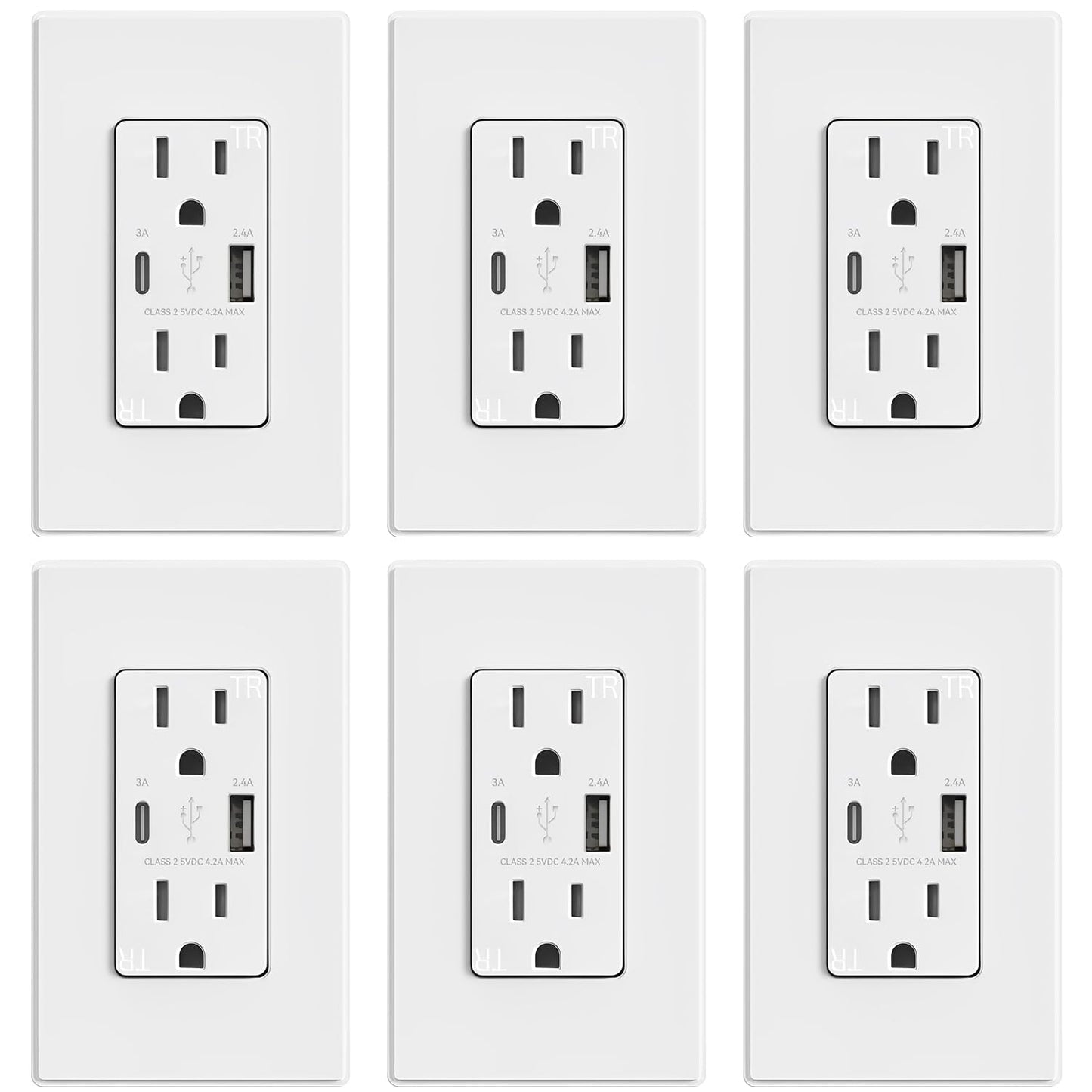 USB Wall Charger Outlet with A & C Ports - 15A Tamper Resistant, UL Listed, 6 Pack, Light Almond