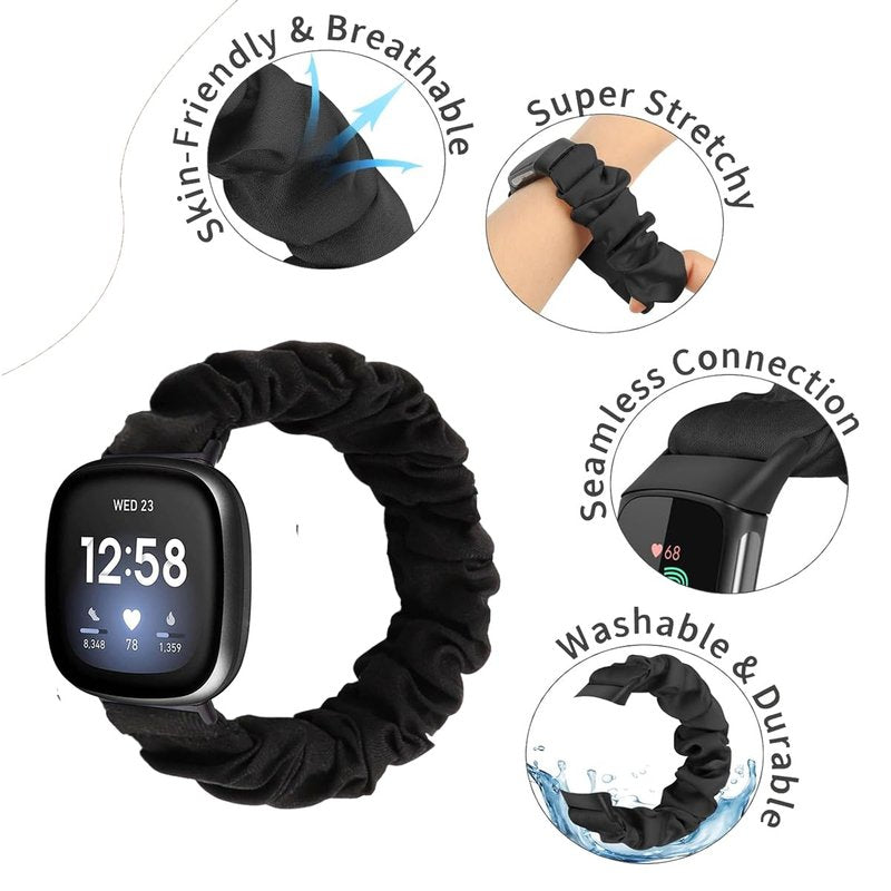 Scrunchie Bands for Fitbit Versa 4/Versa 3/Sense/Sense 2 Strap for Women,Replacement Watchband Soft Cloth Fabric Elastic Wristband (Black&Honeysuckle&Chrysanthemum&Grayflower, Small)