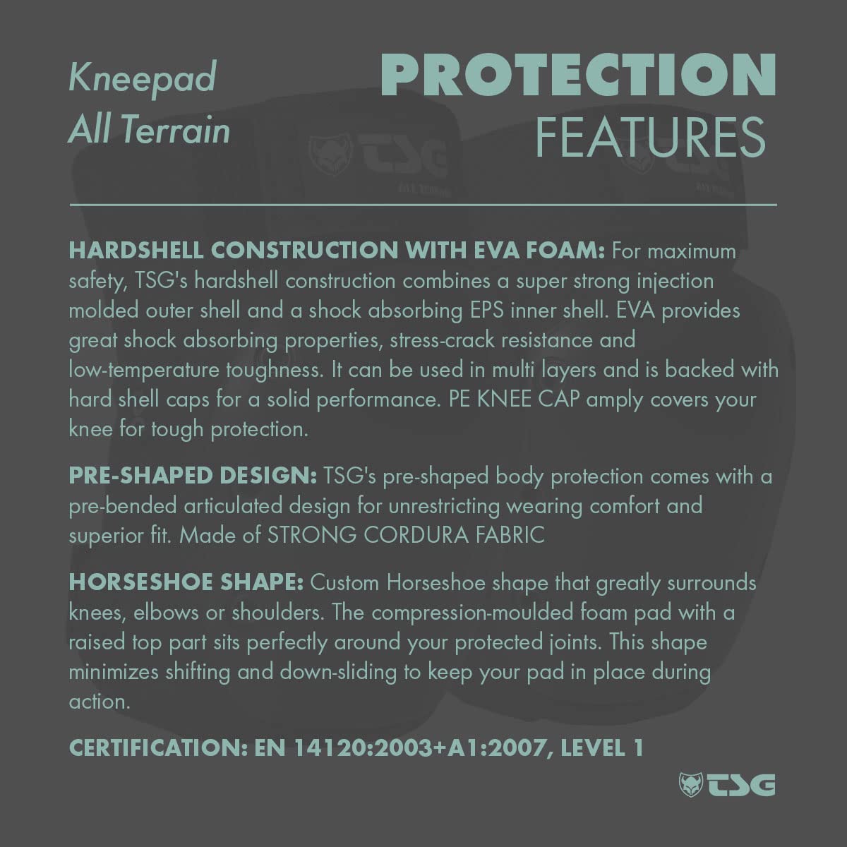 TSG Kneepad All Terrain Protective Pad, Skateboarding, Hardshell, EVA Foam, PE Knee Cap, Pre Shaped, Horseshoe, Tear Resistant Nylon, Top 360 Degree Strap, Pull Over, Swiss Design, Black