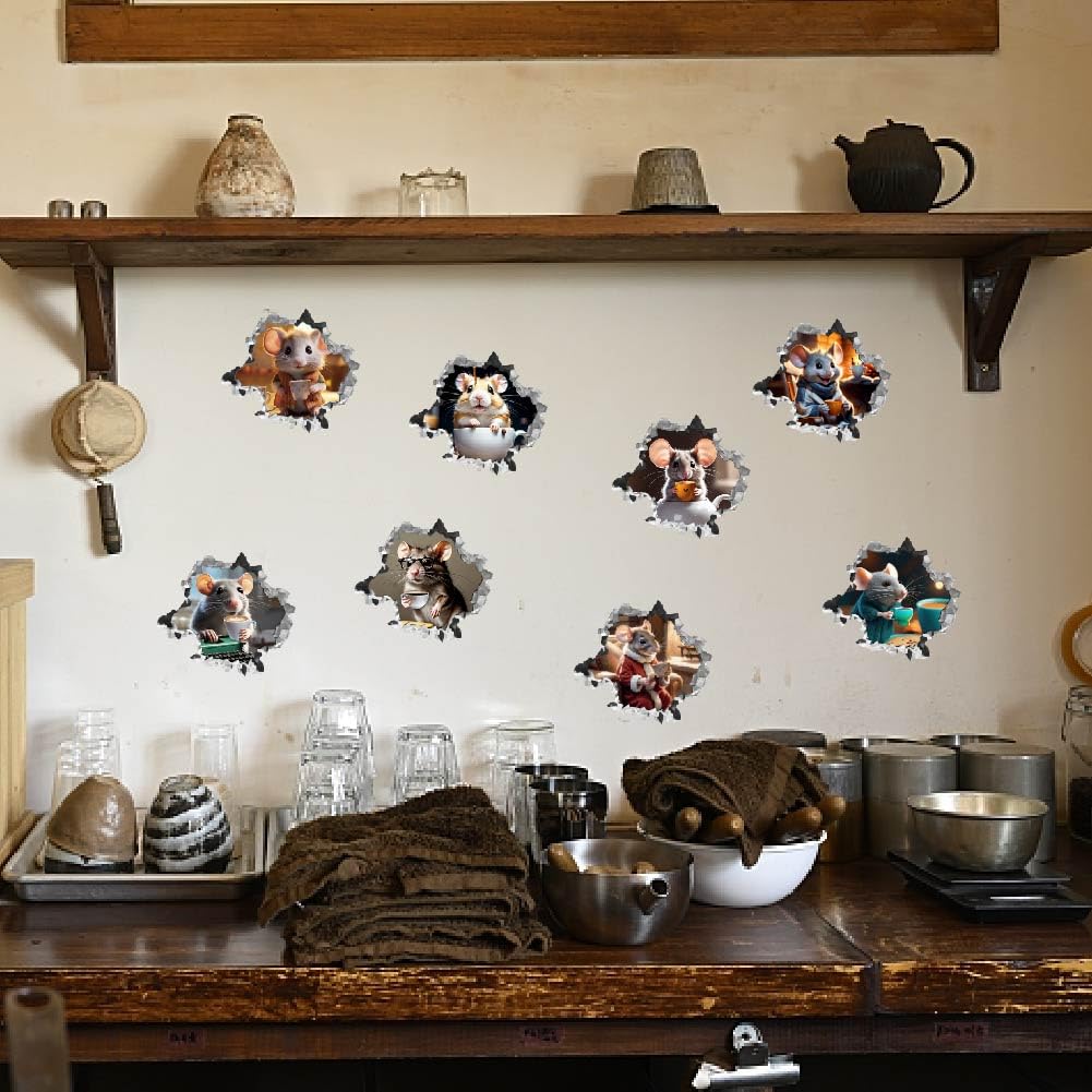 SUPERDANT 3D Mouse Hole Realistic Wall Sticker Mouse Coffee Decal Kids Room Wall Decor Sticker Funny Animal Peel and Stick Stickers Decal for Children Room Kitchen Home Bedroom Classroom