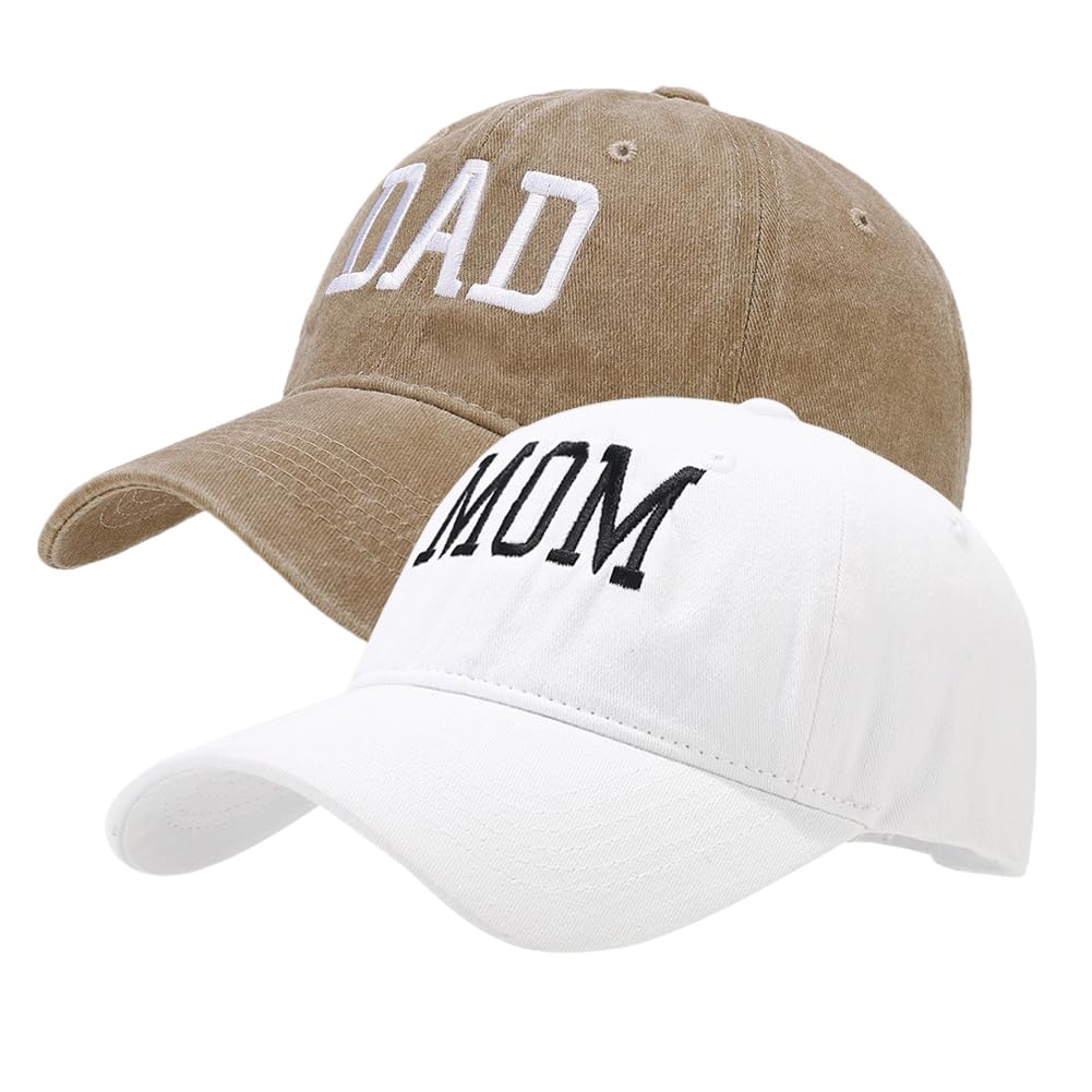 Tefelory Mom and Dad Hats New Parents Gifts for Couples Fathers Day Mothers Day Adjustable Embroidered Baseball Cap(Khaki Dad,White Mom)