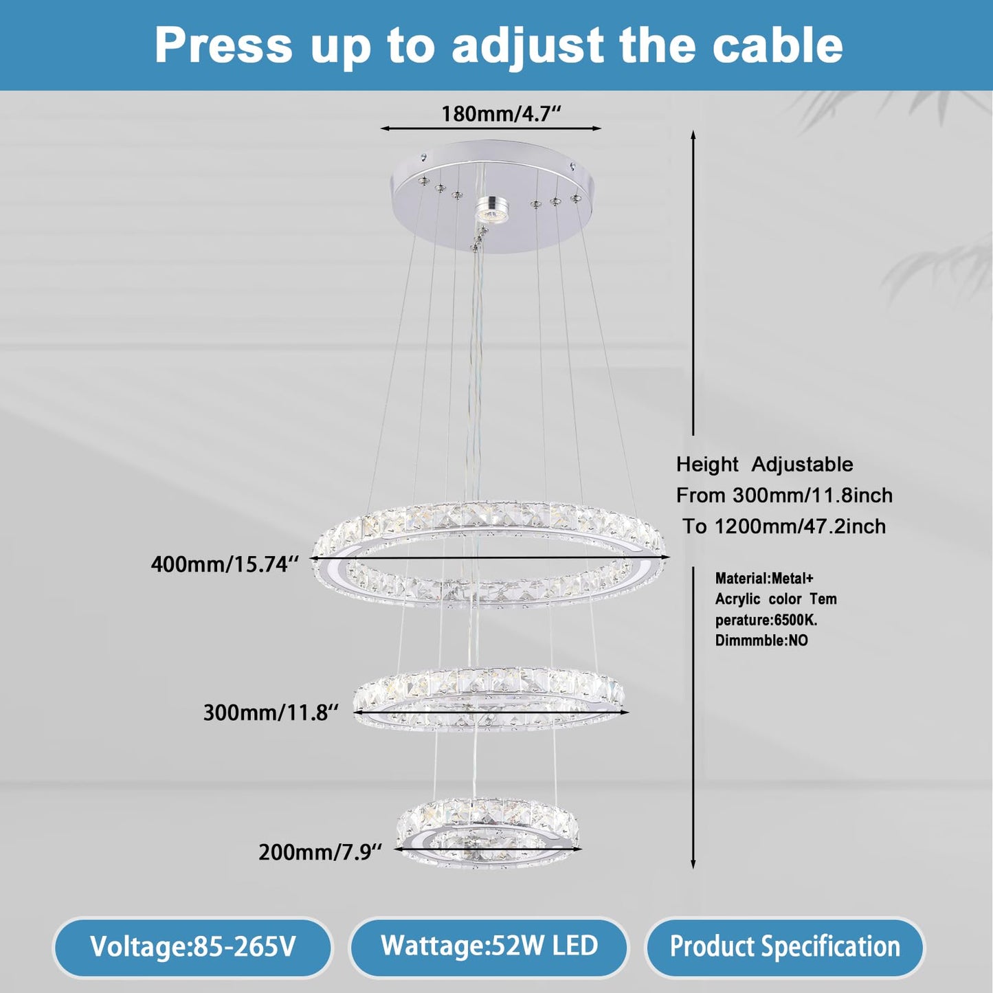 FRIXCHUR LED Chandeliers Crystal Chandelier Modern Ceiling Light Fixture 3 Ring Adjustable Pendant Light Chandelier for Bedrooms Living Room Dinning Room (Cool White)