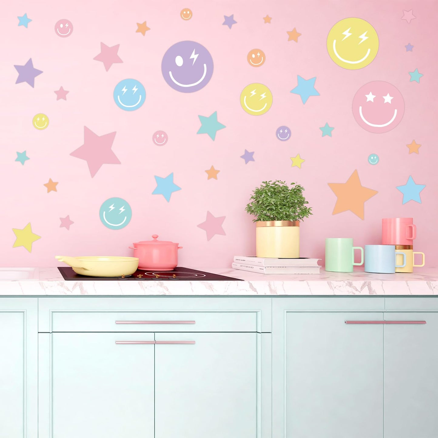 Whaline 12 Sheets Preppy Wall Stickers Pastel Smile Face Star Wall Decals Aesthetic Room Mural Stickers for Party Home Nursery, 7.9 x 11.8 Inch