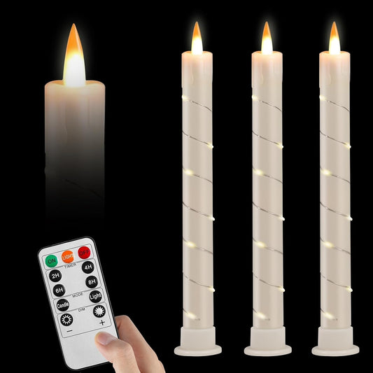 Rlojru 3pcs Flameless Taper Candle with Remote, Battery Powered, Timer, 3 Ivory ABS Candlesticks, 11 Mini Surround String Lights, 9.4 Inch LED Candles, Halloween Christmas Home Decor