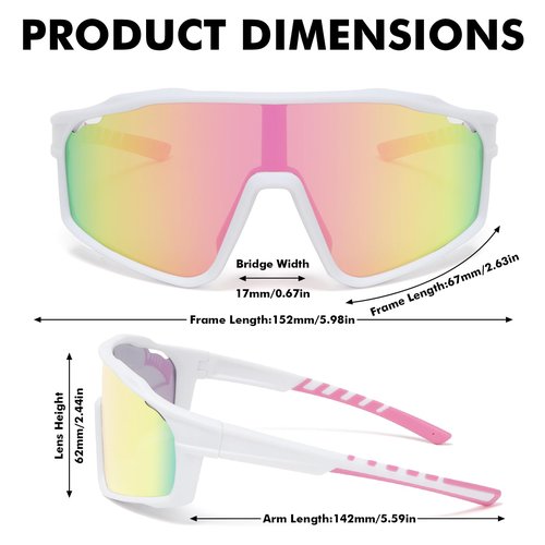 MMOWW Polarized Sports Sunglasses for Men Women Cycling Glasses Wrap Around UV400 Protection Running Driving Fishing, White/Pink