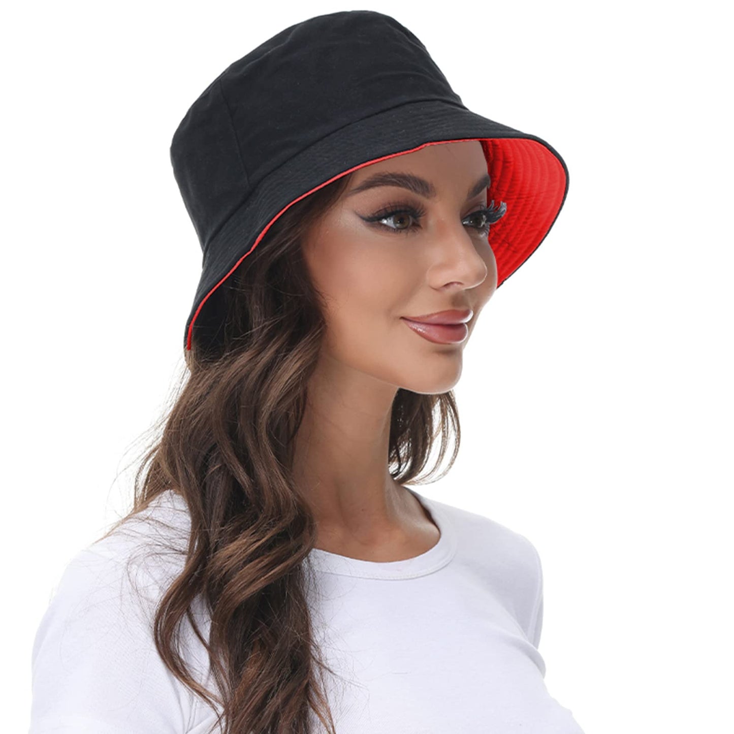 Women Reversible Bucket Hat, Summer Sun Hat for Women, Black- Red