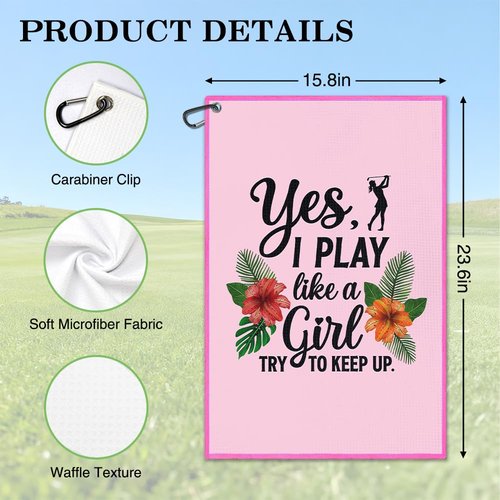 Juoqg I Play Like A Girl Try to Keep Up Feminine Golf Towel, Funny Golf Bag Towel with Clip, Golfing Accessories for Women, Golfing Gifts for Ladies Golfer, Birthday Gifts for Sport Fan Sister Friend