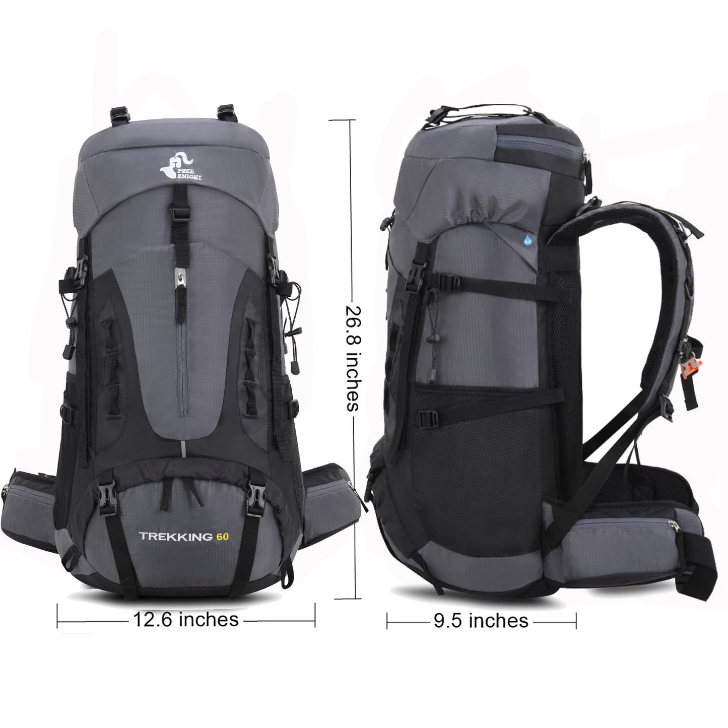 Bseash 60L Hiking Camping Backpack with Rain Cover, Waterproof Large Capacity Outdoor Sport Travel Daypack Climbing Touring (Gray)
