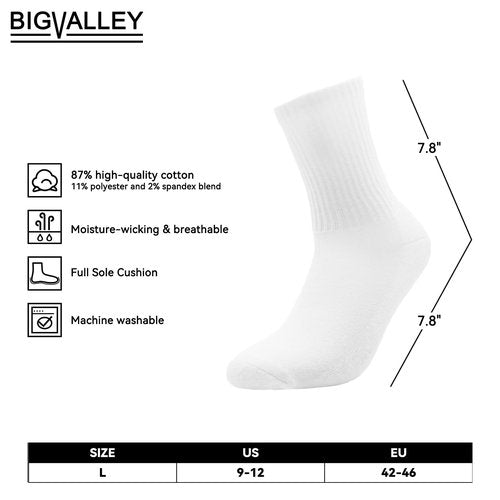 bigvalley Men's Essential Cotton Dress Crew Socks, Classic White- Cushioned Athletic Comfort for Casual and Sports