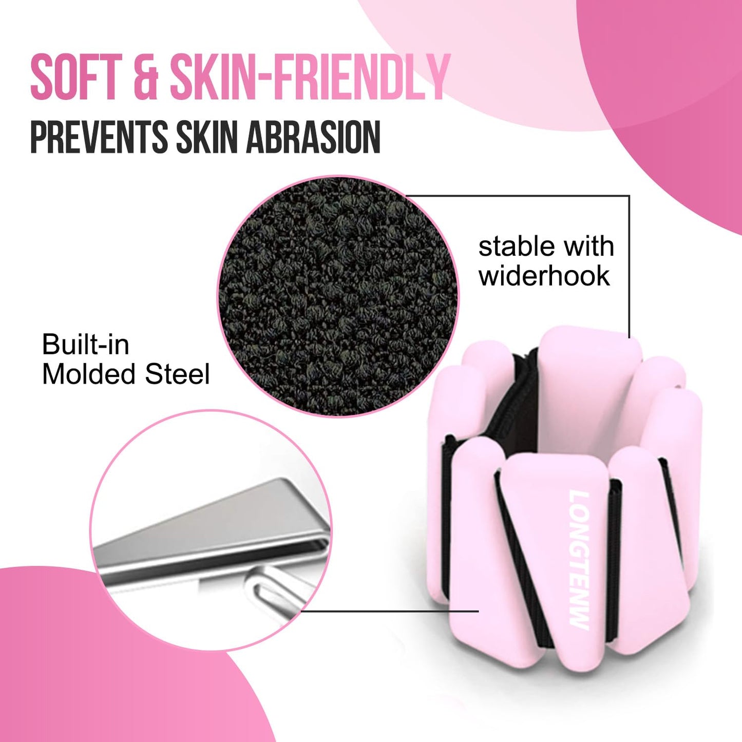 LONGTENW Adjustable Silicone Wrist & Ankle Weights Customizable Fitness Bands for Yoga, Pilates, Running, and Strength Training Detachable Design, Comfortable Eco-Friendly Material (Pink, 2 lbs Pair (1lbs Each))