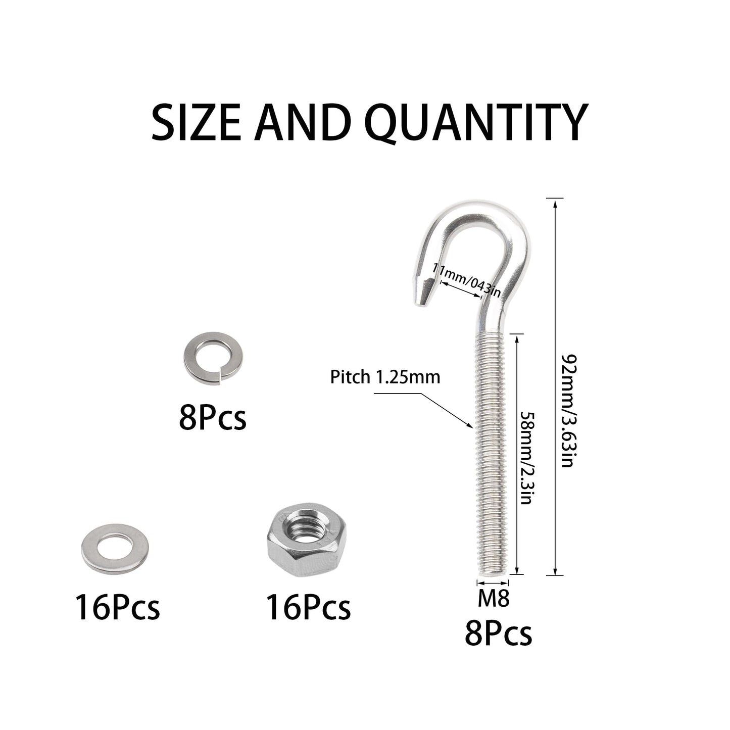 Rrina 8Pcs M8 Hook Bolt 304 Stainless Steel Eye Ring Screw-in Hooks with Washers Nut Metric Thread