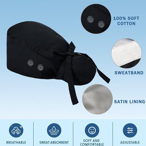 Hapforever 1PC Satin Lined Scrub Cap for Women, Surgical Nurse Caps with 4 Buttons Cotton Working Hat Sweatband Ponytail Scrub Caps for Long Hair Women with 2 Hair Ties (Black)