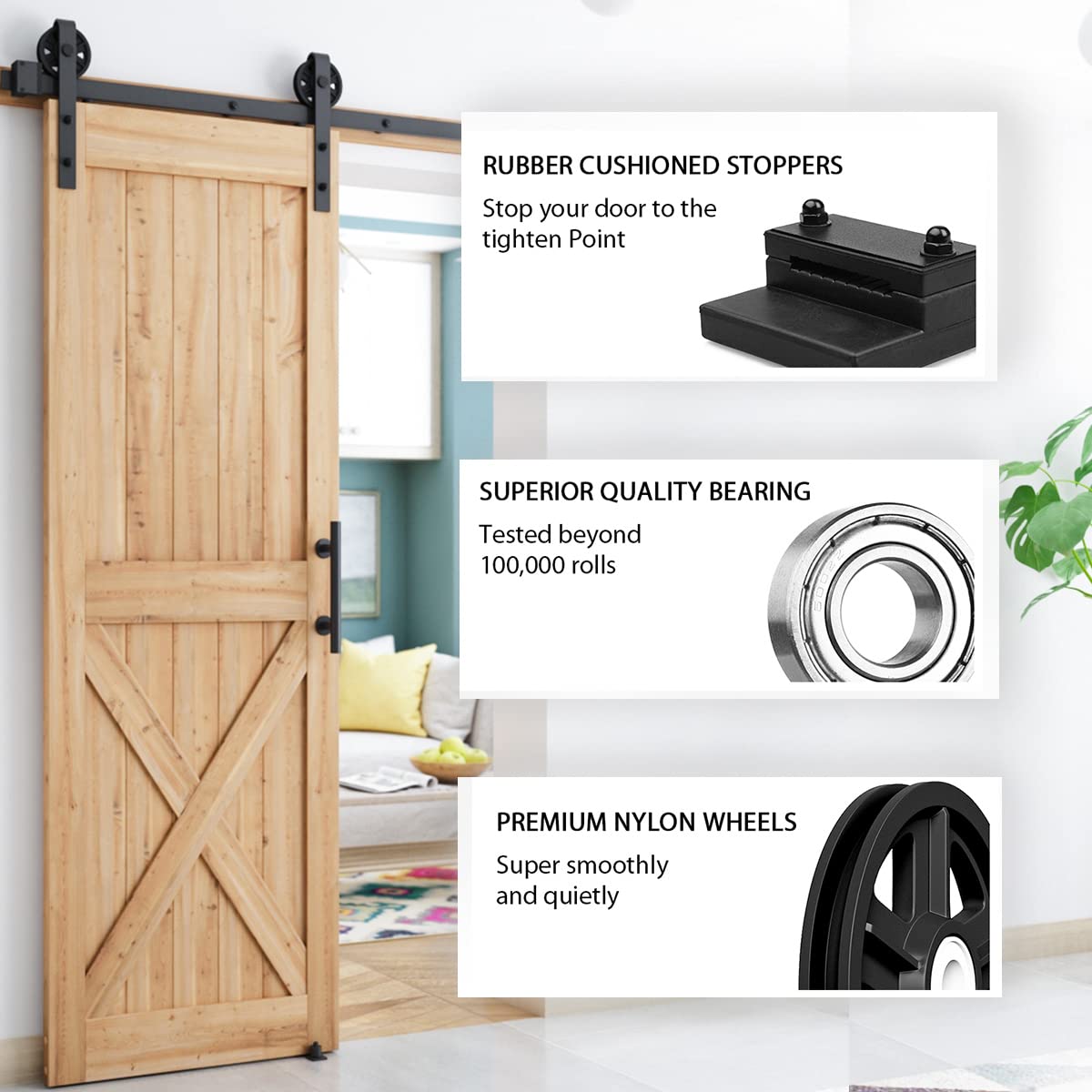 SMARTSTANDARD 10ft Heavy Duty Sliding Barn Door Hardware Kit, Black, (Whole Set Includes 1x Pull Handle Set & 1x Floor Guide) Fit 60" Wide Door Panel (Big Industrial Wheel Hangers)