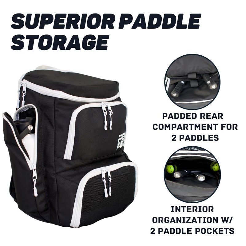 PBAW Pickleball Backpack Bag – Fits 2-4 Paddles, Vented Shoe Compartment, 14 Pockets, Fence Hook & Dual XL Bottle Holders – Lightweight Carry-On Gear Bag for Men & Women - Black/White