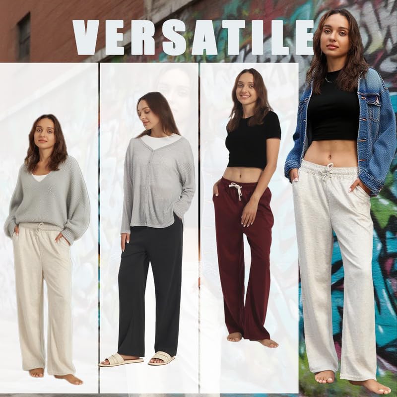 OAKVON 3-Pack Womens Lounge Pants with Pockets, Wide Leg Sweatpants, Soft Comfy Pajama Bottoms with Drawstring Waist