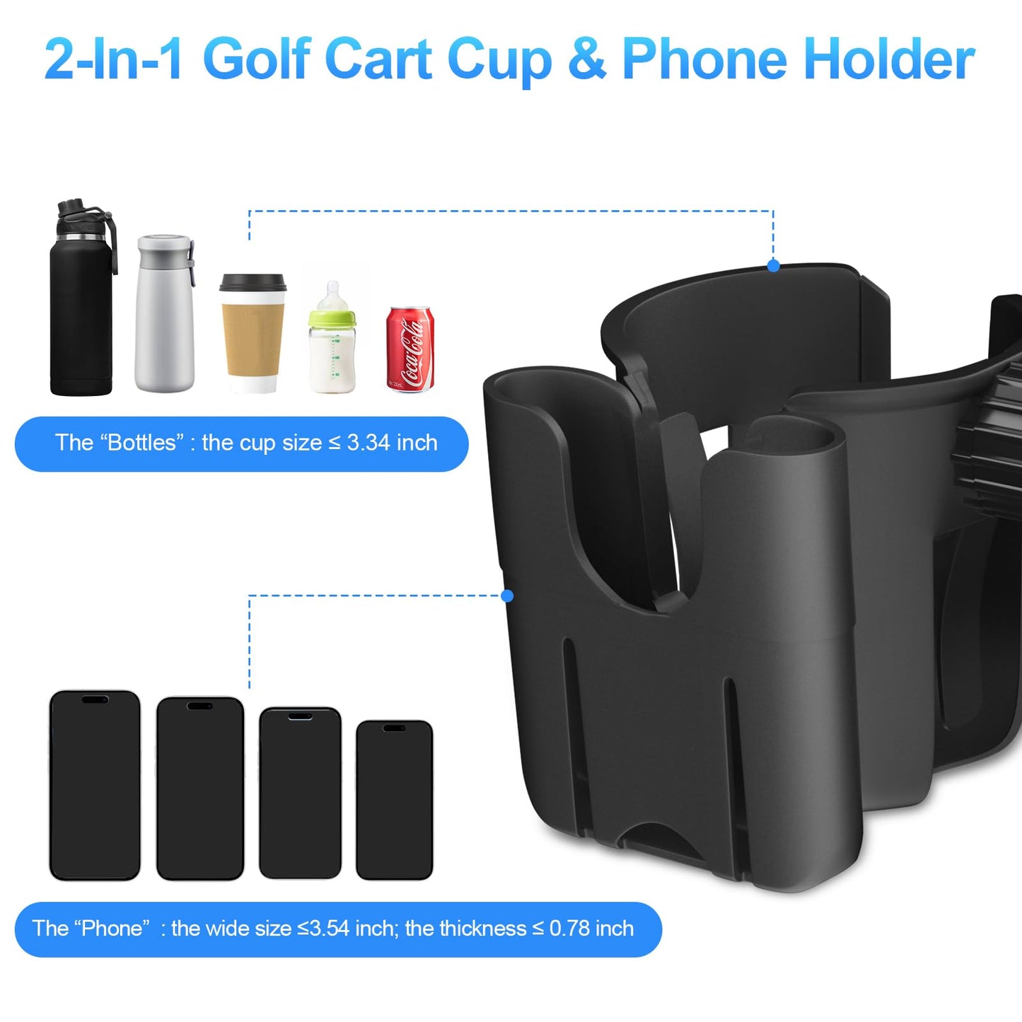 Snyeest Golf Cart Cup Holder with Phone Holder, 2-in-1 Adjustable Universal Cup Phone Holder Front and Rear Seat Armrest Kit Accessories Compatible for EZGO/Club Car/Yamaha & Most Golf Carts