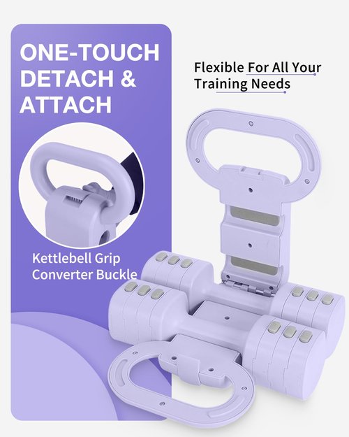 Adjustable 2-in-1 Dumbbell & Kettlebell Set, Free Hand Weight 4.4lb~11lb for Home Gym Training, Purple