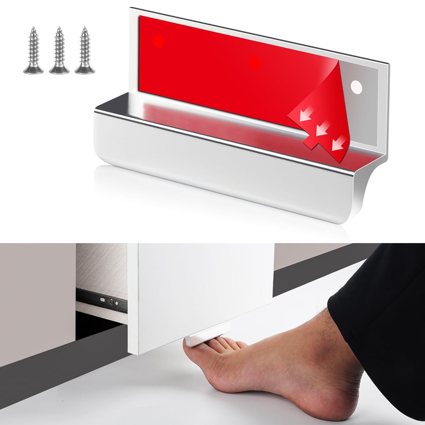 BaiNong Adhesive Touchless Foot Pulls for Cabinet Trash Can Silvery 4'' Touchless Hands Free Trash Opener for Overlay Kitchen Cabinet Door Bins