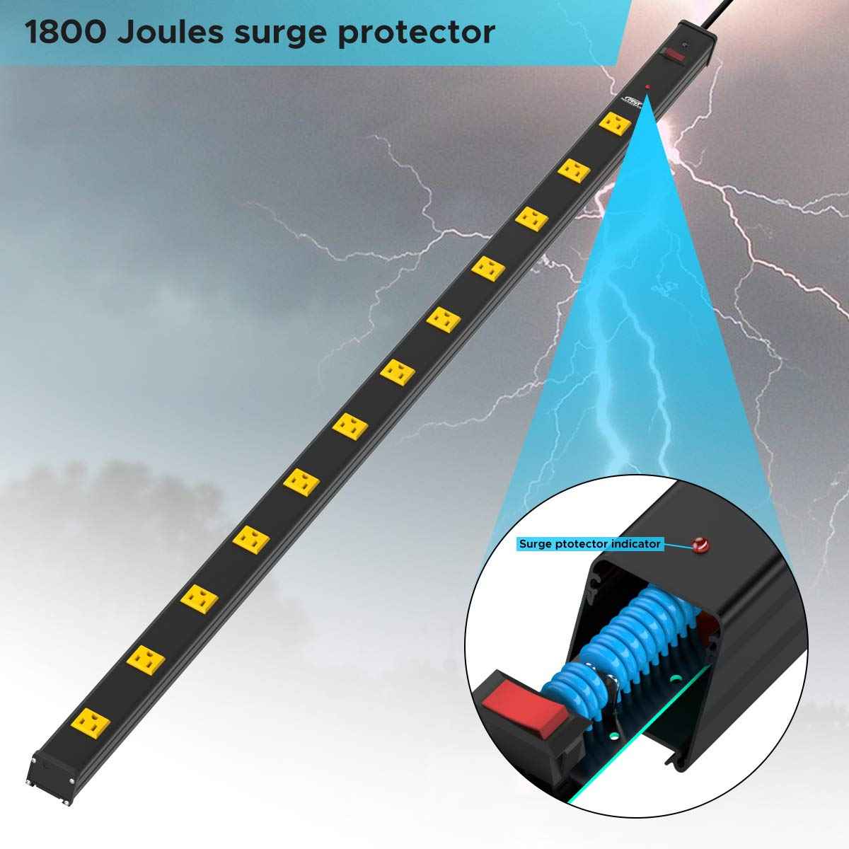 CRST Heavy Duty Metal Wide Spaced Power Strip Surge Protector with 15A Circuit Breaker 15FT Extral Long Cord 1800-Joule (12 Outlet)